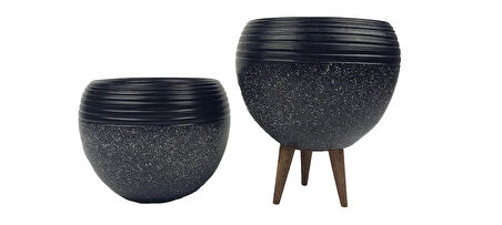 Ev Dekorasyon  Siyah Granit Küp Saksı Saksılık Salon Çiçeklik İkili  Set (3 Ayaklı-Ayaksız)